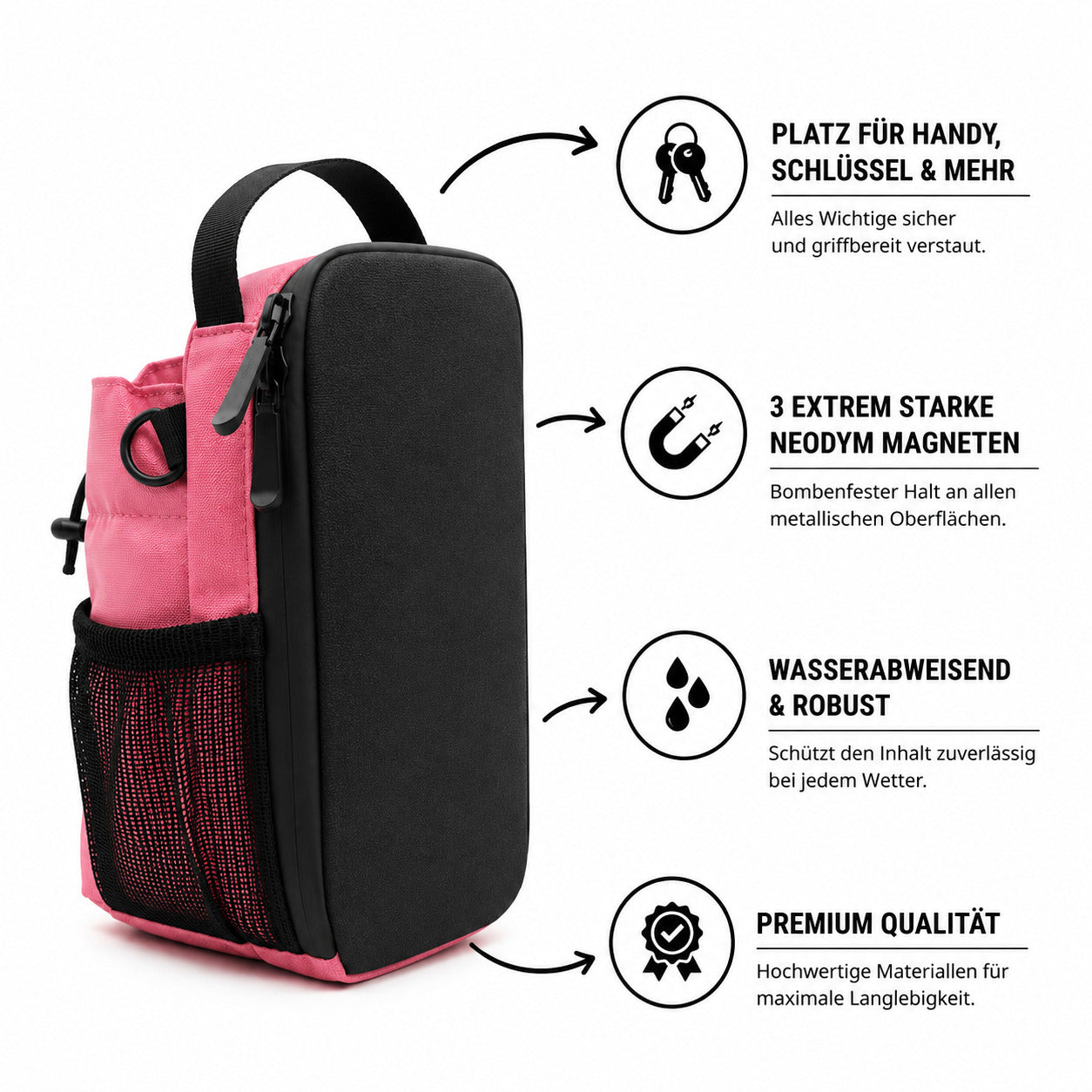 GymBud Gym Bag Blush Pink mit Feature-Übersicht: Stauraum, Neodym-Magnete, wasserabweisend, Premium-Reißverschluss