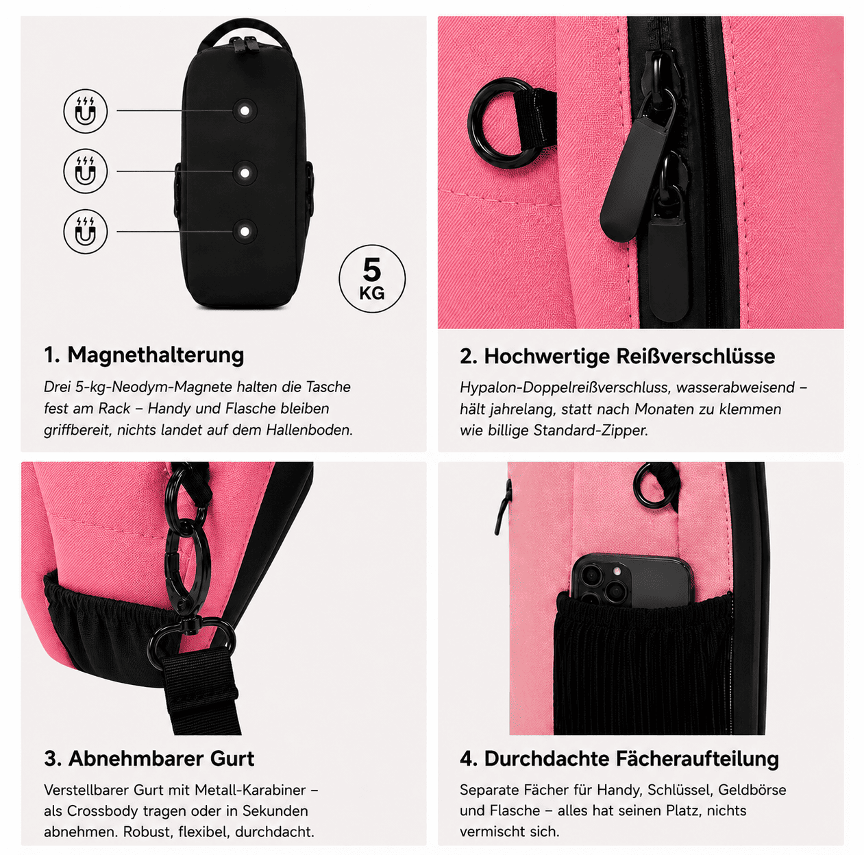 GymBud Gym Bag Anwendung in vier Schritten: Magnethalterung, hochwertige Reißverschlüsse, Handling, Durchdachte Fächeraufteilung 