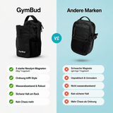 Vergleich GymBud gegen andere Marken: stärkere Magnete, wasserabweisend, Schultergurt inklusive