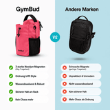 Vergleich GymBud gegen andere Marken: stärkere Magnete, wasserabweisend, Schultergurt inklusive