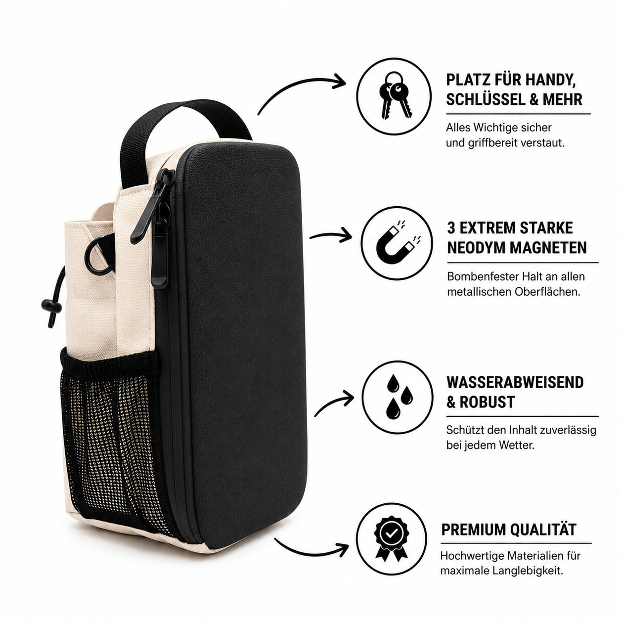 GymBud Gym Bag Ivory White mit Feature-Übersicht: Stauraum, Neodym-Magnete, wasserabweisend, Premium-Reißverschluss