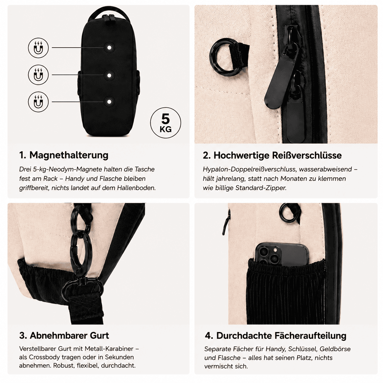GymBud Gym Bag Anwendung in vier Schritten: Magnethalterung, hochwertige Reißverschlüsse, Handling, Durchdachte Fächeraufteilung 
