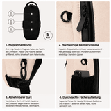 GymBud Gym Bag Anwendung in vier Schritten: Magnethalterung, hochwertige Reißverschlüsse, Handling, Durchdachte Fächeraufteilung 