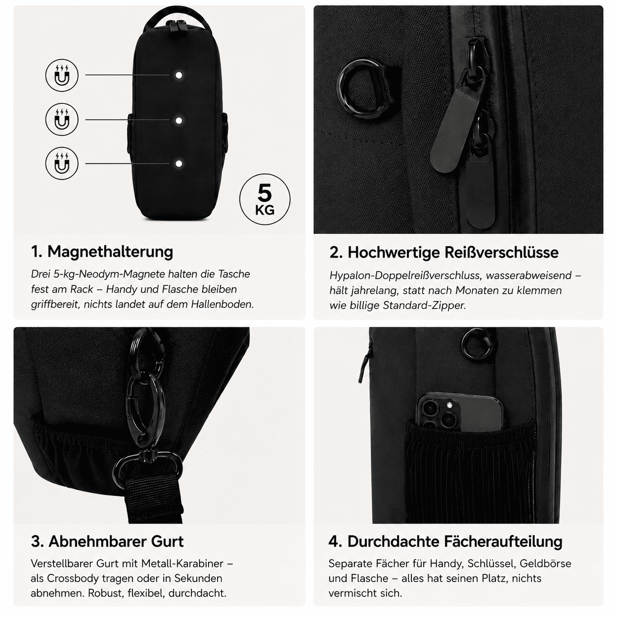 GymBud Gym Bag Anwendung in vier Schritten: Magnethalterung, hochwertige Reißverschlüsse, Handling, Durchdachte Fächeraufteilung 